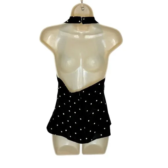 LPA Romi Halter Top Revolve Black Cream Polka Dot Knot Front Backless Peplum NWT - Picture 5 of 9
